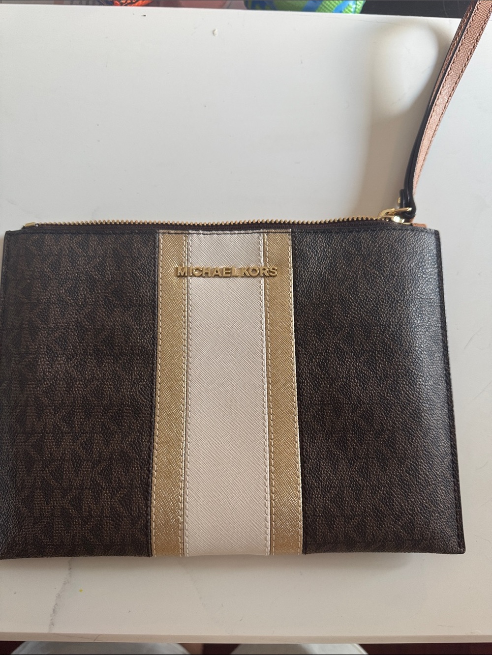 Michael Kors Brown, Cream & Gold Signature Wristlet